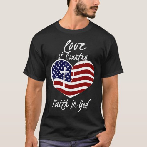 Christian Faith In God Heart Cross American Flag  T_Shirt