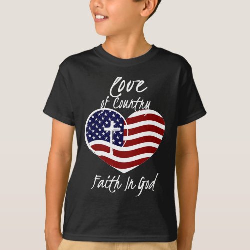 Christian Faith In God Heart Cross American Flag  T_Shirt