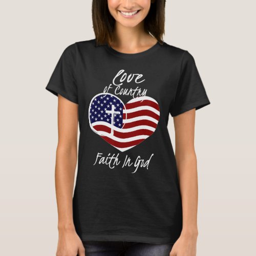 Christian Faith In God Heart Cross American Flag  T_Shirt