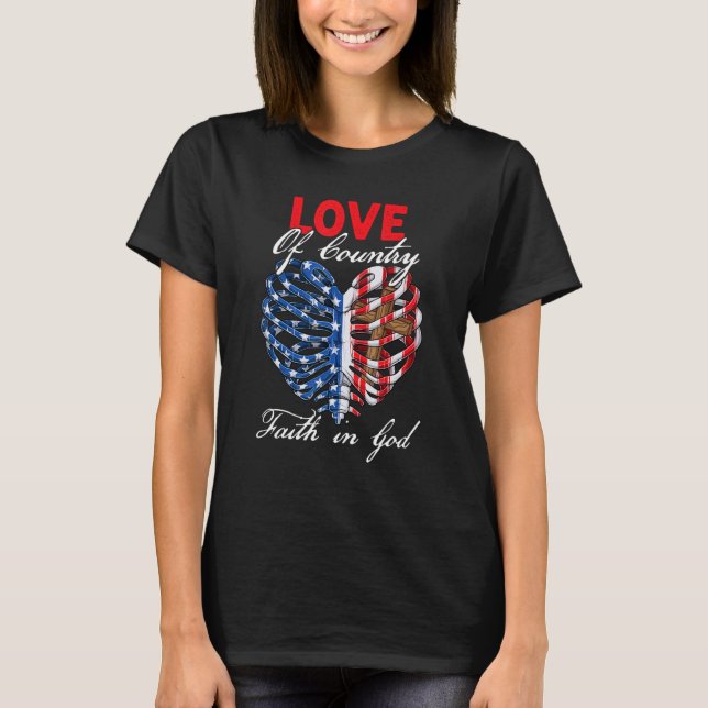 Christian Faith In God Patriotic Heart Cross 4th o T-Shirt (Front)