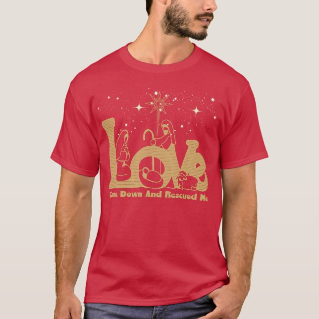 Christian Family Christmas Nativity Scene Gold T-Shirt (Front)