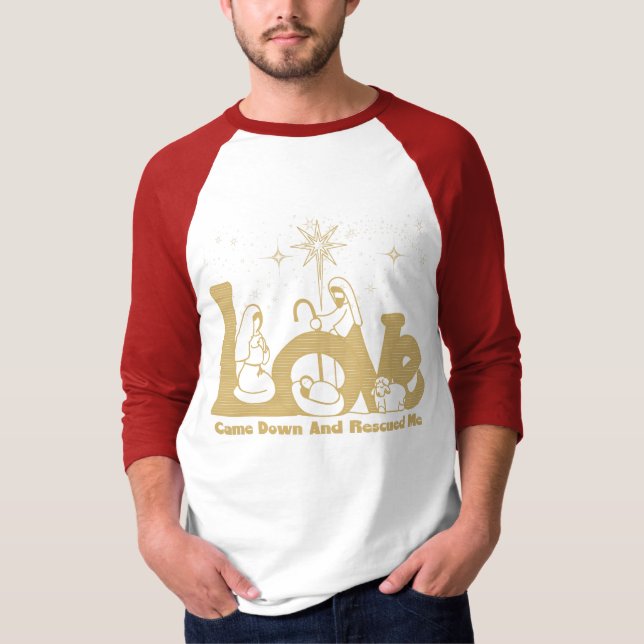 Christian Family Christmas Nativity Scene Gold T-Shirt (Front)
