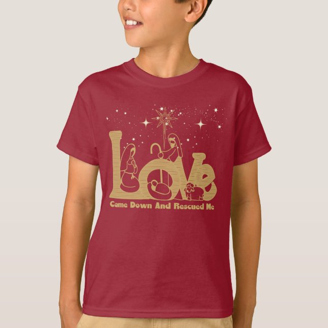 Christian Family Christmas Nativity Scene Gold T-Shirt (Front)