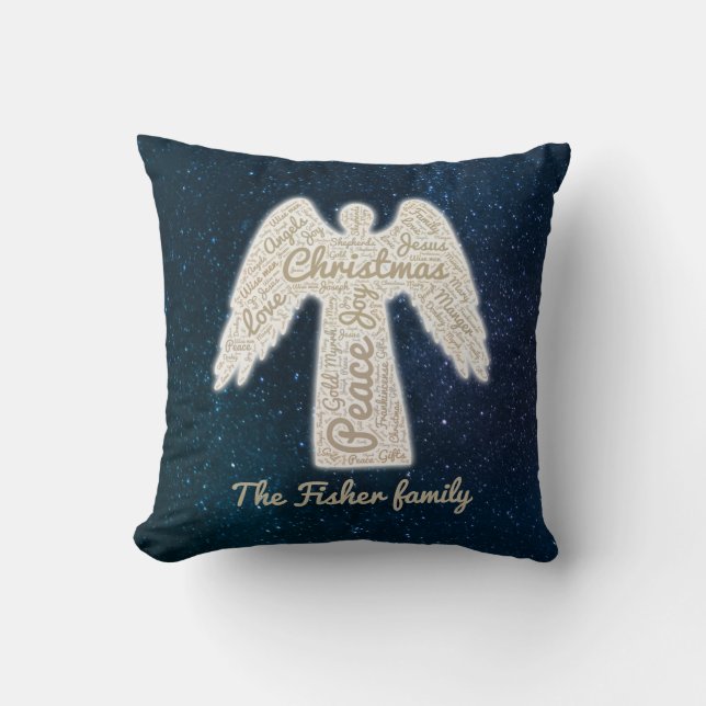 Christian family holiday gold typography angel throw pillow (Front)
