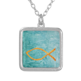 Christian Fish- Gold on blue/green Silver Plated Necklace