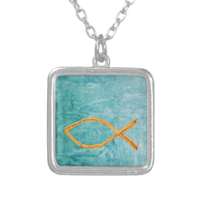 Christian Fish- Gold on blue/green Silver Plated Necklace (Front)