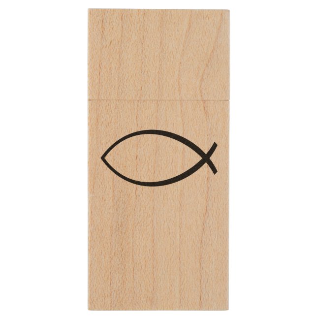 Christian Fish (Ichthys) Symbol Wood Flash Drive (Back (Vertical))