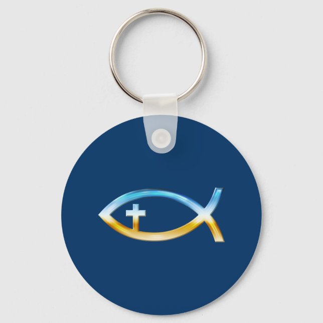 Christian Fish Symbol with Crucifix - Sky & Ground Keychain (Front)