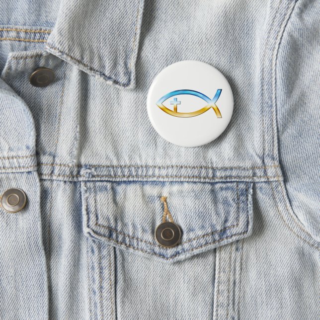 Christian Fish Symbol with Crucifix - Sky & Ground Pinback Button (In Situ)