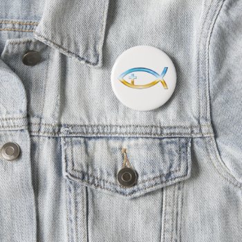 Christian Fish Symbol With Crucifix - Sky & Ground Pinback Button by Christian_Designs at Zazzle