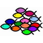Christian Fish Symbols - Rainbow School - Statuette<br><div class="desc">A school of Christian fish symbols in rainbow colors all swimming in one direction united with one purpose.</div>