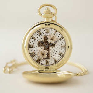 Christian Floral Cross Elegant Leopard Print Faith Pocket Watch