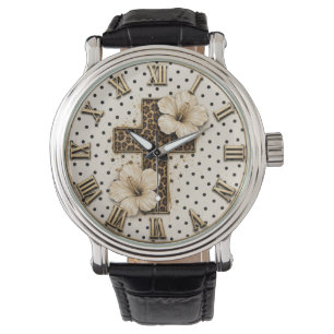 Christian Floral Cross Elegant Leopard Print Faith Watch