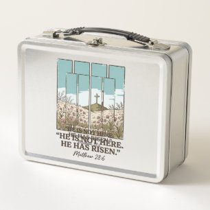 Christian Floral Cross Matthew 28_6 Vintage Metal Lunch Box