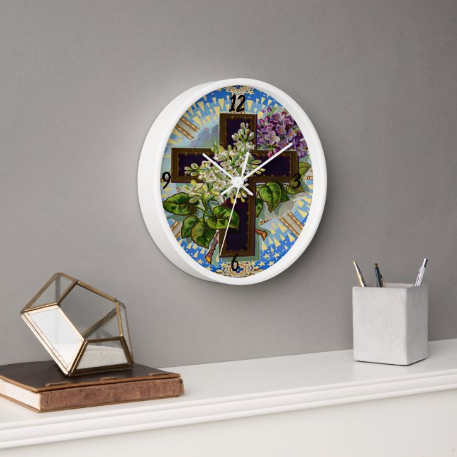 Christian Floral Cross Round Clock (Office)