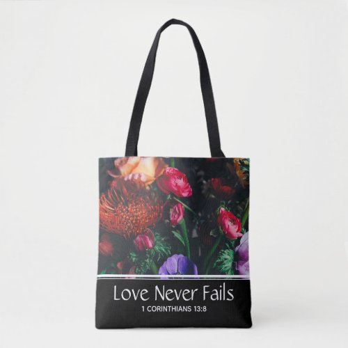 Christian Floral Valentine LOVE NEVER FAILS Tote Bag