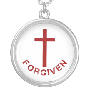 Christian Forgiven Red Cross and Text Design Silver Plated Necklace