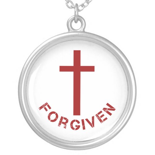 Christian Forgiven Red Cross and Text Design Silver Plated Necklace