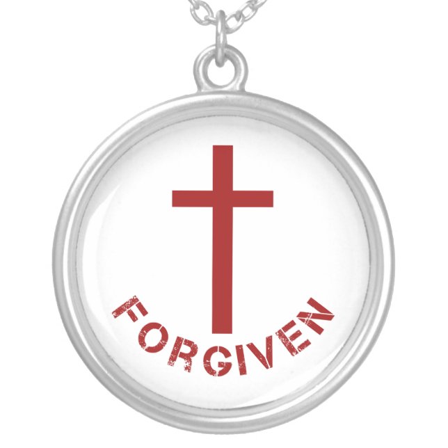 Christian Forgiven Red Cross and Text Design Silver Plated Necklace (Front)