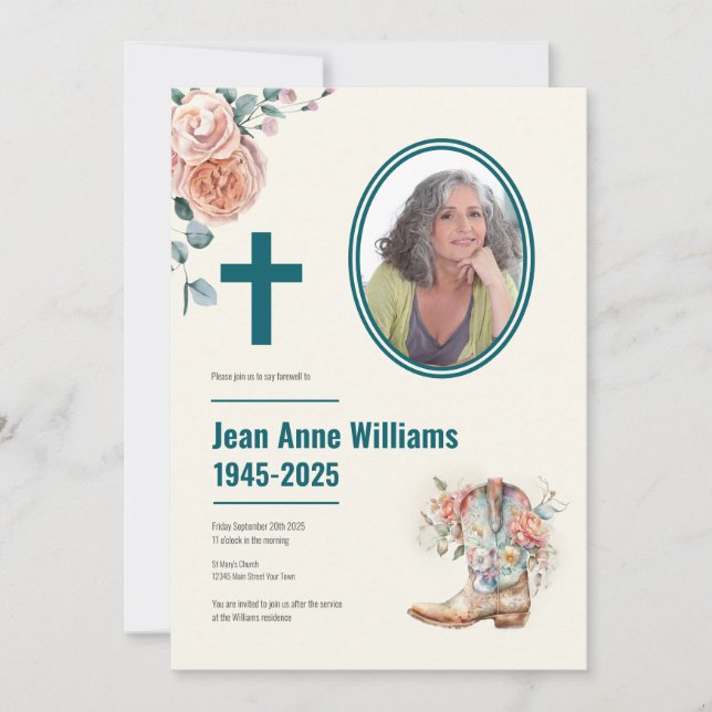  Christian Funeral Cowgirl Boot & Roses | 4 Photo Invitation (Front)