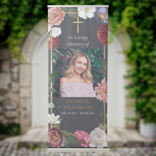 Christian Funeral In Loving Memory Floral Photo Retractable Banner