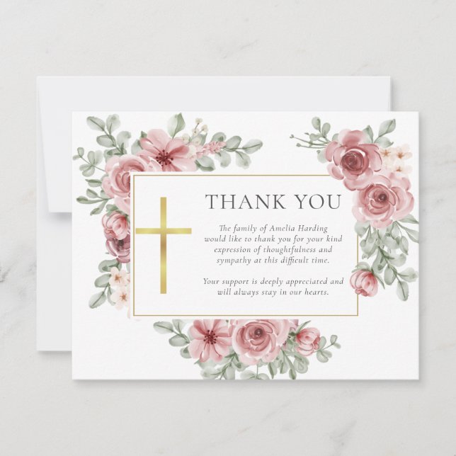 Christian Funeral Roses Floral Thank You Card (Front)