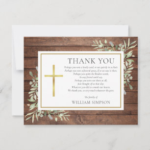 Christian Funeral Rustic Wood Greenery Poem Thank You Card