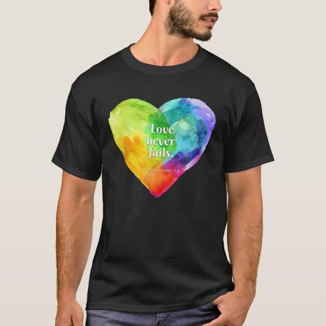 Christian Gear for Women  Love Never Fails Bible V T-Shirt (Front)