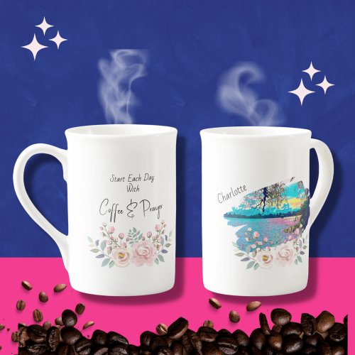 Christian gift  coffee quote  floral  landscape bone china mug