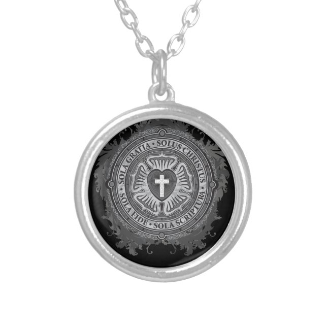 Christian Gift Luther Rose J-rose-black-background Silver Plated Necklace (Front)