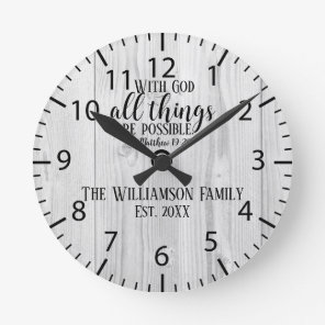 Christian Gift Rustic Wood Scripture Family Name Round Clock