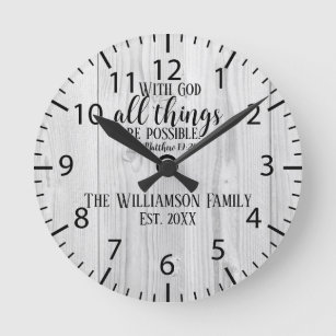 Christian Gift Rustic Wood Scripture Family Name Round Clock
