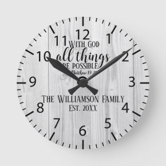Christian Gift Rustic Wood Scripture Family Name Round Clock