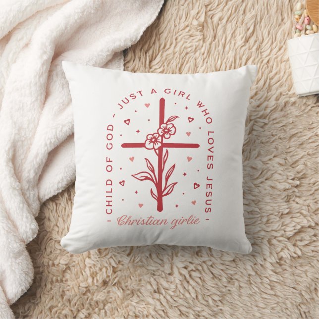 Christian girl Jesus quotes floral preppy red pink Throw Pillow (Blanket)