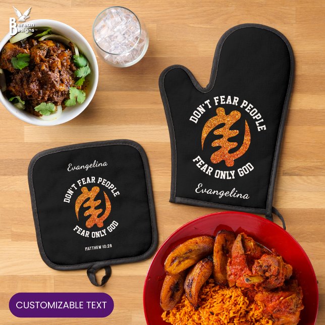Christian Glitter GYE NYAME Adinkra African Oven Mitt & Pot Holder Set (Personalized GYE NYAME oven mit set with faux glitter and custom text. Ideal Ghana-inspired gift.)