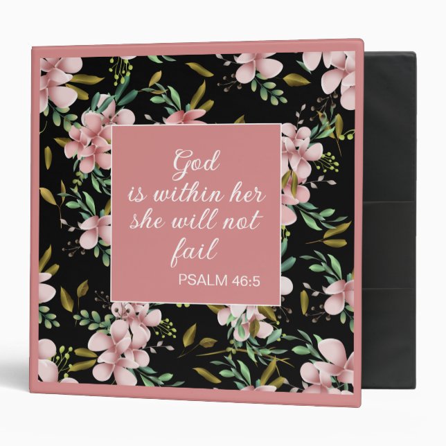 Christian God is Within Her Pink Flowers Black 3 Ring Binder (Front/Inside)