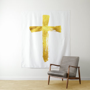 Christian Gold Brush Cross - Modern Crucifix Tapestry