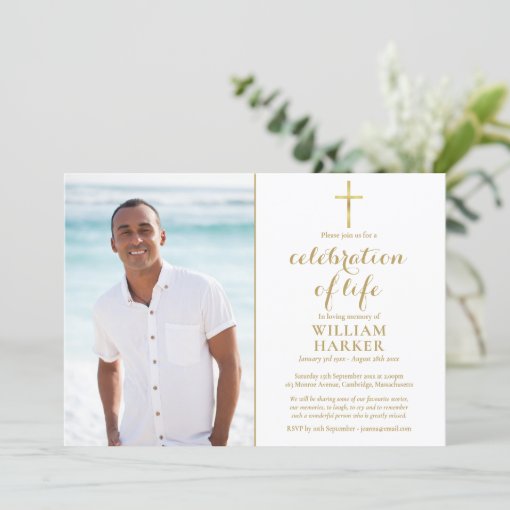 Christian Gold Celebration of Life Funeral Photo Invitation | Zazzle