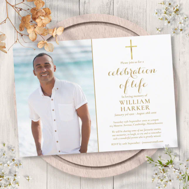 Christian Gold Celebration of Life Funeral Photo Invitation | Zazzle