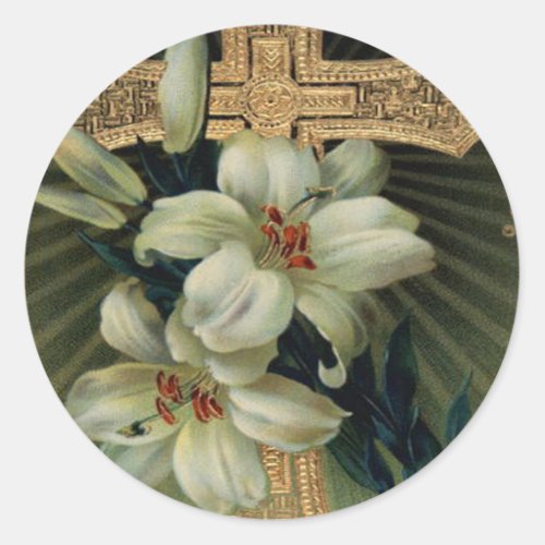 Christian Gold Cross Easter Lily Classic Round Sticker