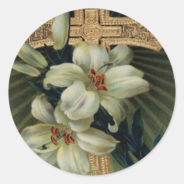 Christian Gold Cross Easter Lily Classic Round Sticker (Front)