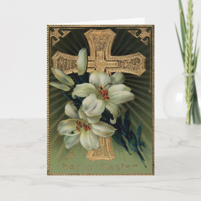 Christian Gold Cross Easter Lily Holiday Card (Front)