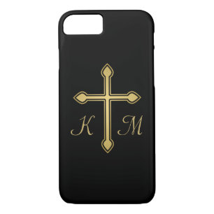 Christian Gold Cross Monogrammed Initials Black iPhone 8/7 Case