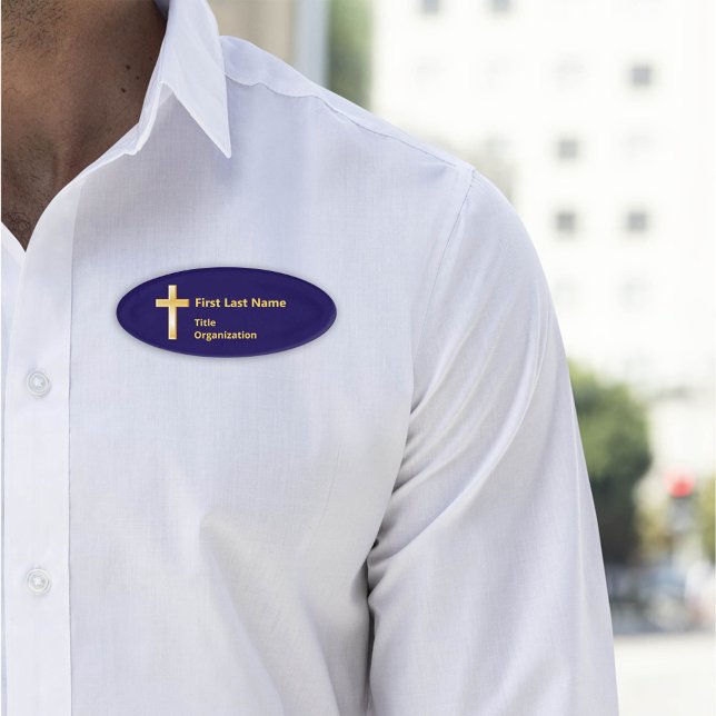 Christian Gold Cross Name Tag (Modern 3"x2" oval acrylic name tag with magnetic back, Christian gold cross, and custom text.)