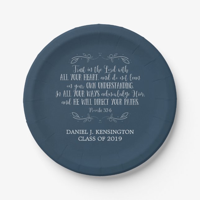 Christian Graduation Bible Verse Typography Blue Paper Plates (Front)