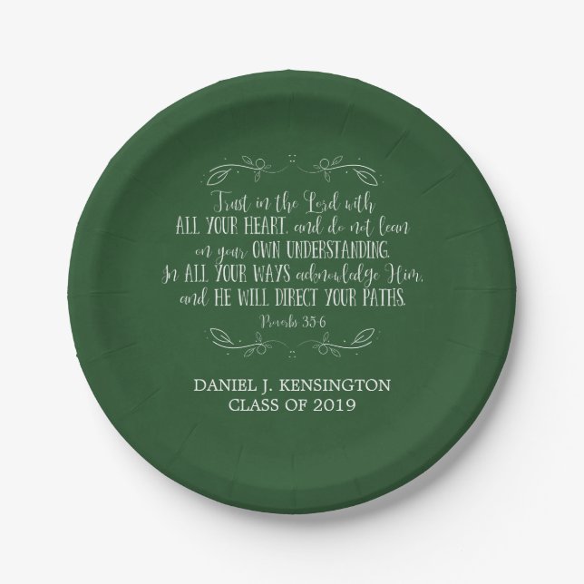 Christian Graduation Bible Verse Typography Green Paper Plates (Front)
