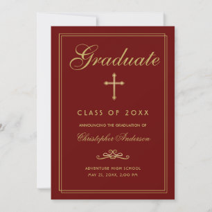 Christian Graduation Red Gold Cross Script Announcement