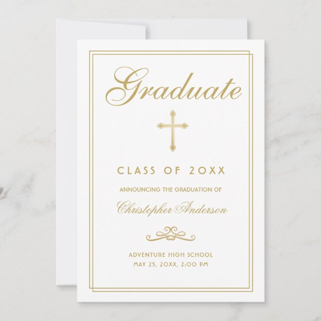 Christian Graduation White Gold Cross Script Announcement (Front)