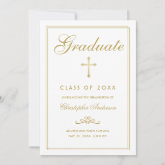 Christian Graduation White Gold Cross Script Announcement