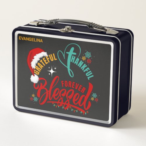Christian GRATEFUL THANKFUL BLESSED Christmas Metal Lunch Box